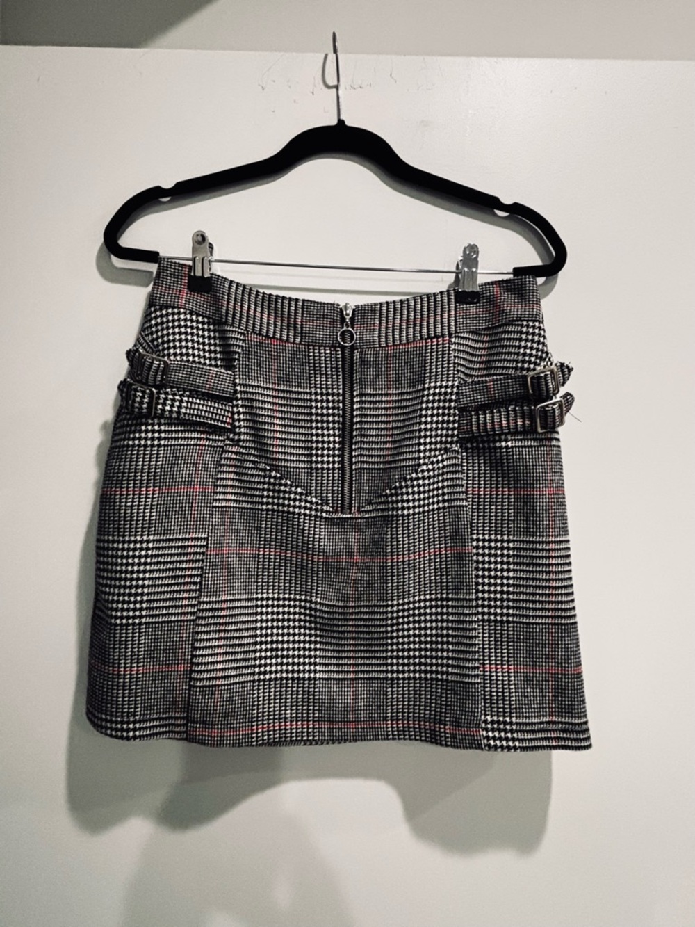Topshop Black, Gray & Subtle Red Plaid Mini Skirt with Side Buckles